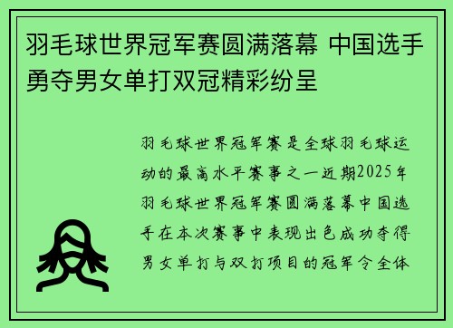 羽毛球世界冠军赛圆满落幕 中国选手勇夺男女单打双冠精彩纷呈