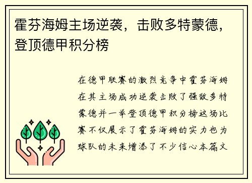 霍芬海姆主场逆袭，击败多特蒙德，登顶德甲积分榜