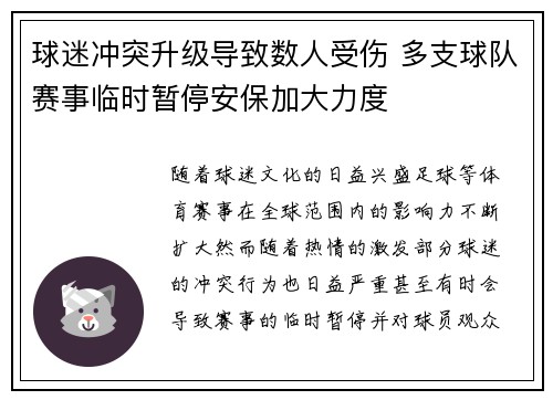 球迷冲突升级导致数人受伤 多支球队赛事临时暂停安保加大力度